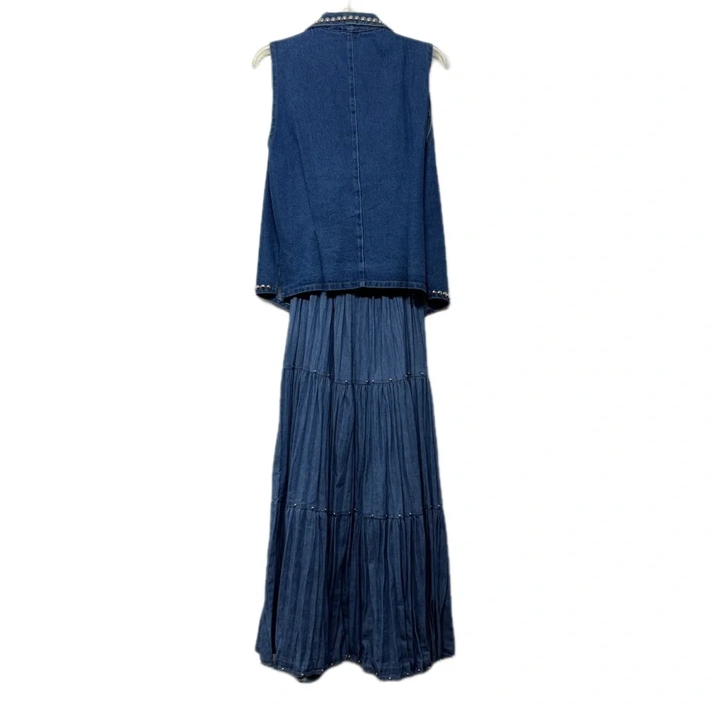 Vintage Embellished Jean Two-Piece Vest and Maxi Skirt Set